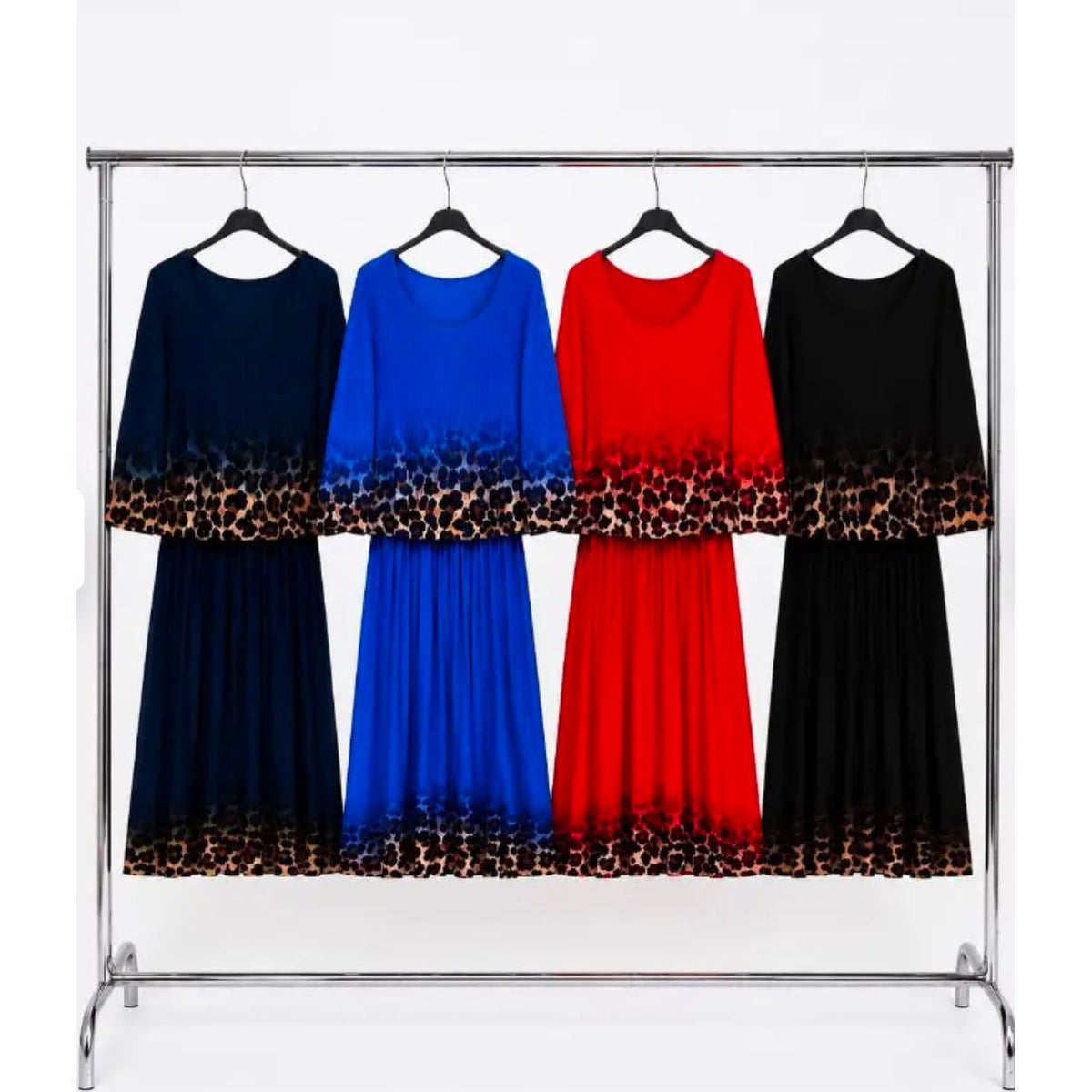 Leopard Print Border Pleated Dress with a relaxed-fit top, pleated skirt and leopard print trim, available in taupe & brown, black, royal blue, beige and burgundy