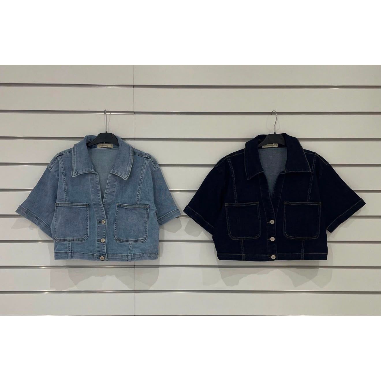 Women’s stretch cropped denim jacket with short sleeves, front patch pockets and button fastening, available in light denim and dark denim. Only £20