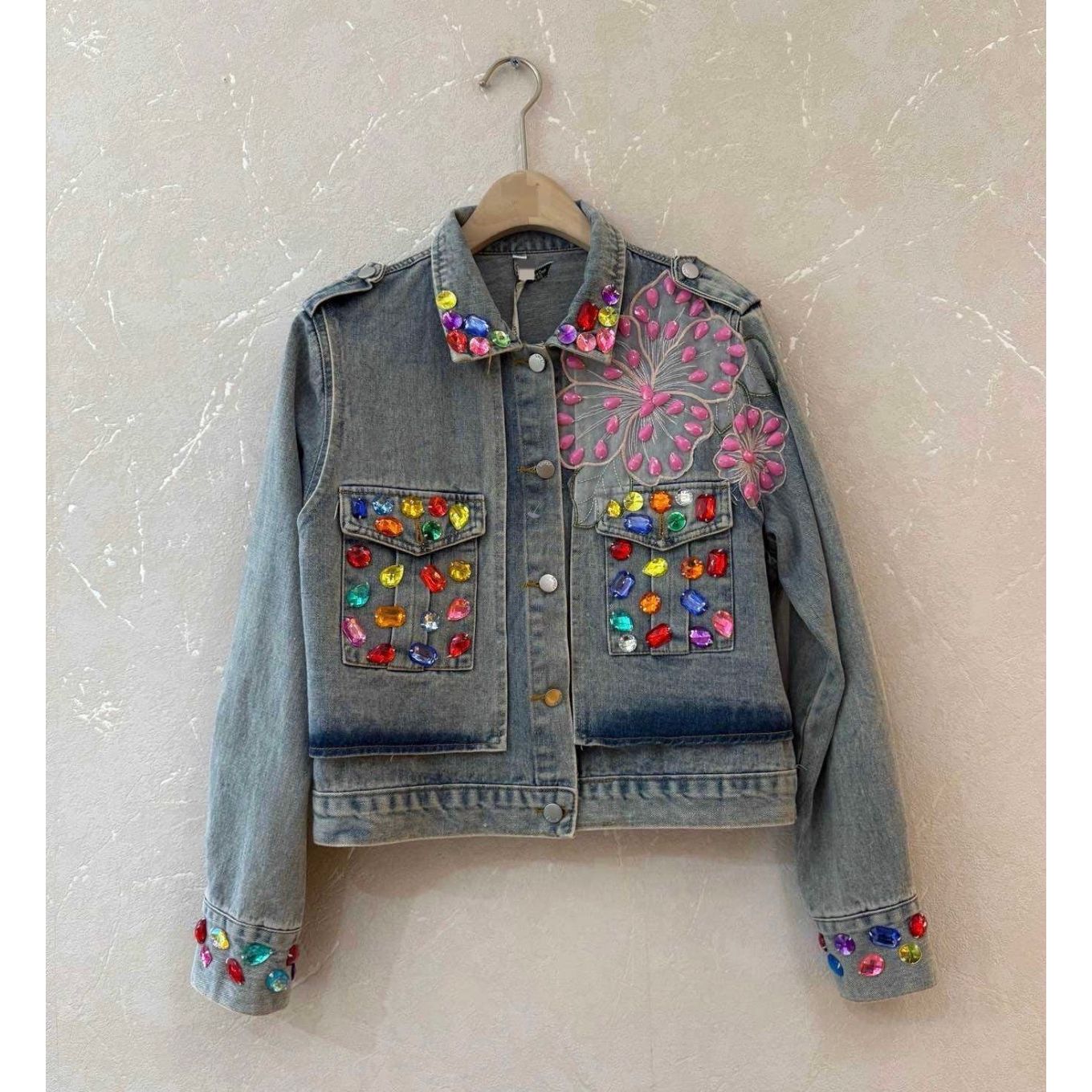 Rainbow Gem Butterfly Denim Jacket