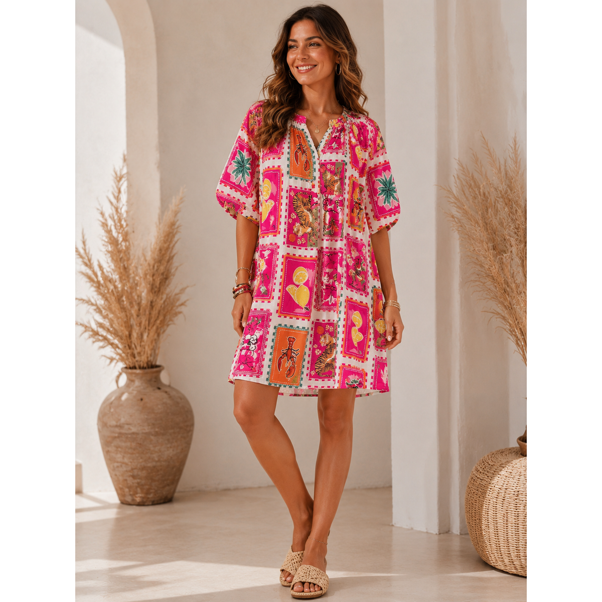 Pink Mediterranean Patchwork Smock Dress – One Size 18-20
