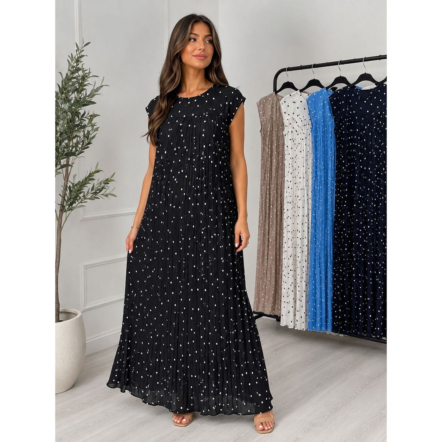 Pleated Polka Dot Maxi Dress