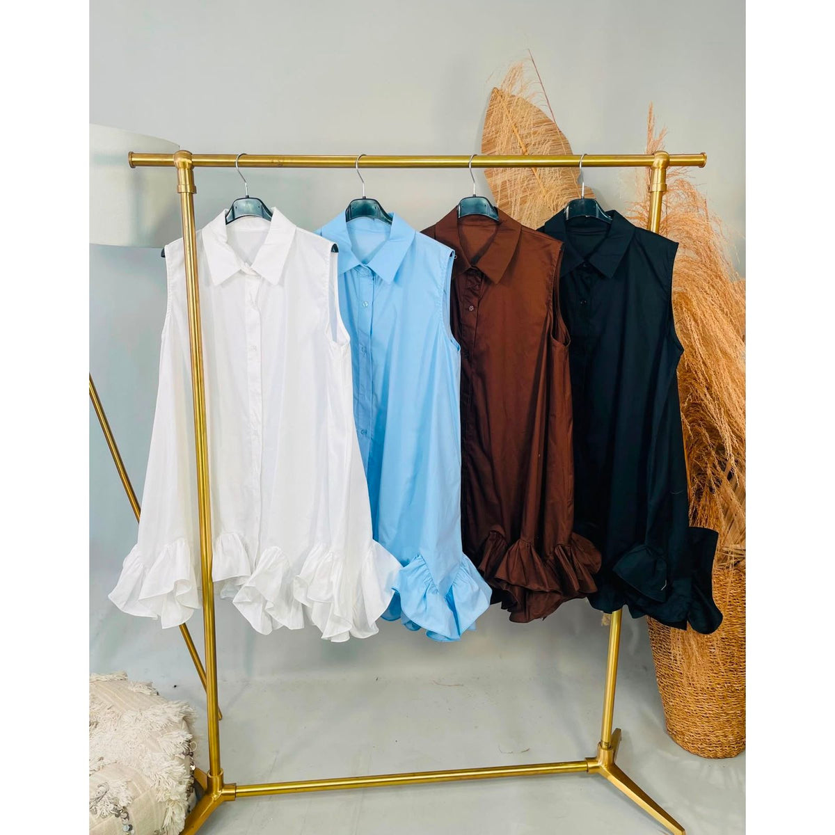 Plain sleeveless frill hem shirt dress available in Baby Blue, White, Chocolate Brown and Black from Miss Foxy Boutique.