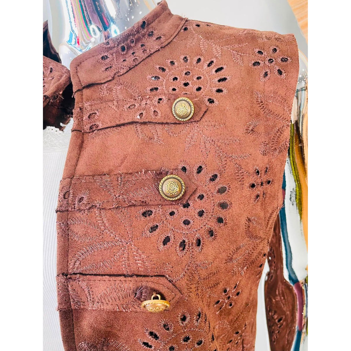Sueded embroidered waistcoat with antique gold buttons available in White, Chocolate Brown and Black from Miss Foxy Boutique.