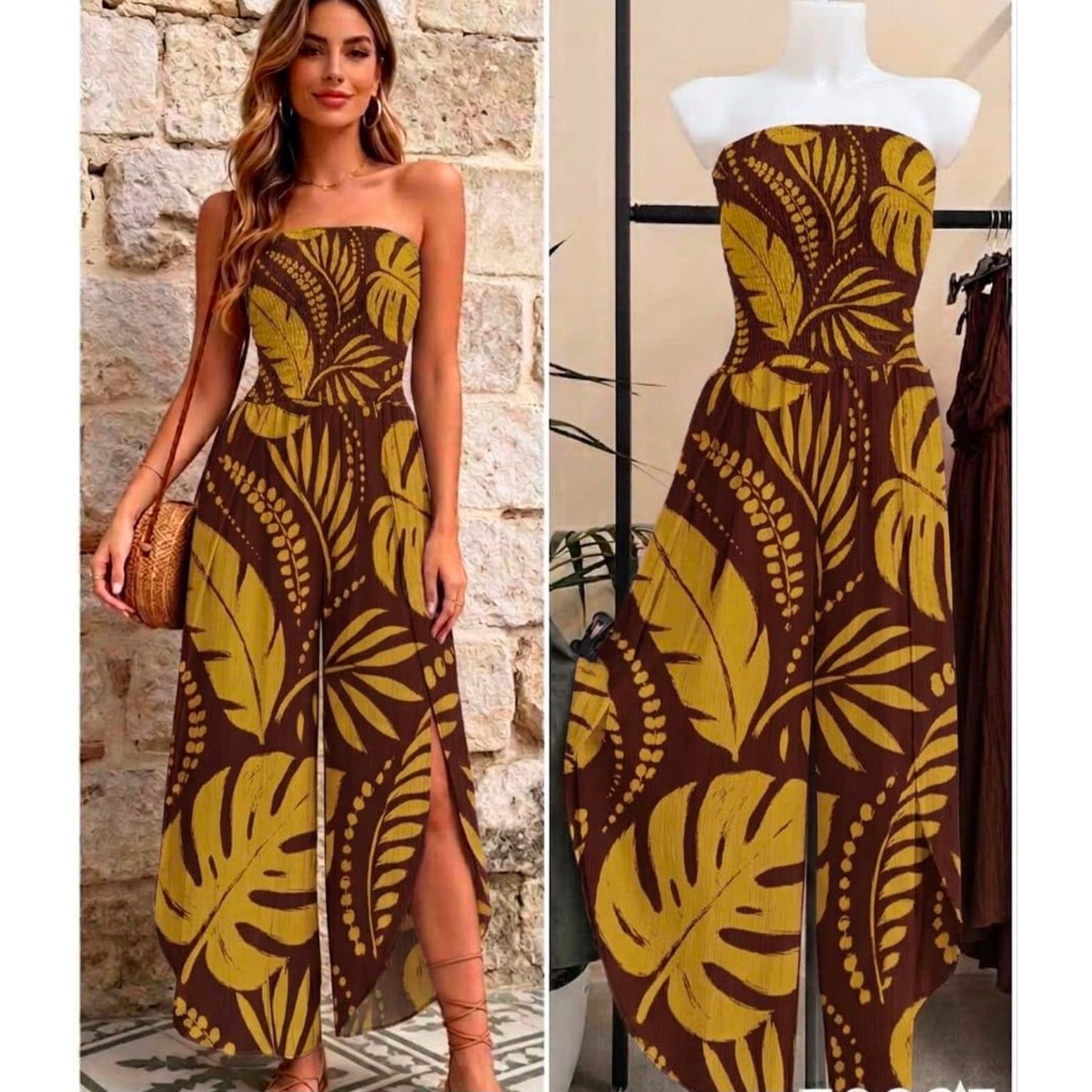Palm print bandeau jumpsuit with wide-leg trousers and side split detail available in Chocolate Brown, Pink and Blue from Miss Foxy Boutique.