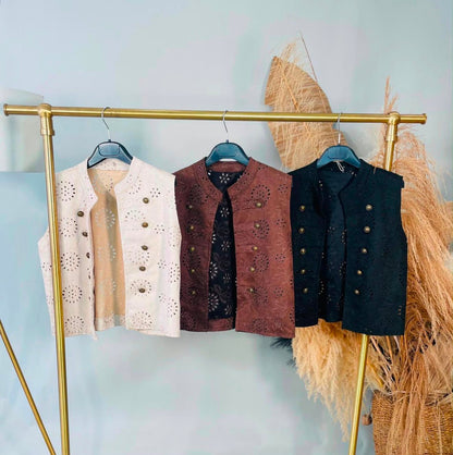 Sueded embroidered waistcoat with antique gold buttons available in White, Chocolate Brown and Black from Miss Foxy Boutique.