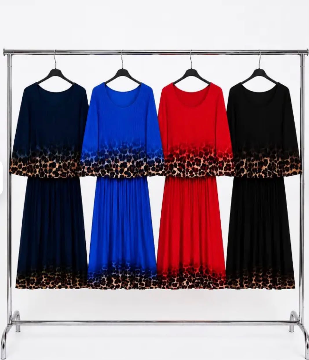 Leopard Print Border Pleated Dress with a relaxed-fit top, pleated skirt and leopard print trim, available in taupe & brown, black, royal blue, beige and burgundy