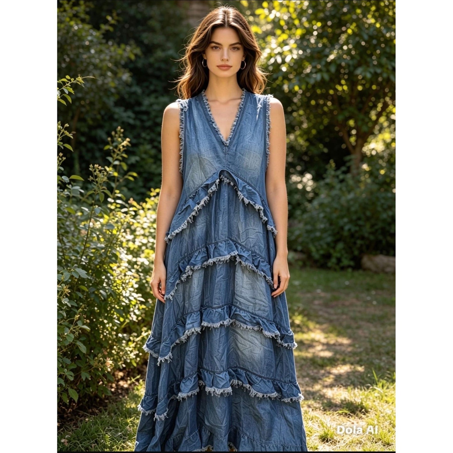 Denim Look Tiered Maxi Dress