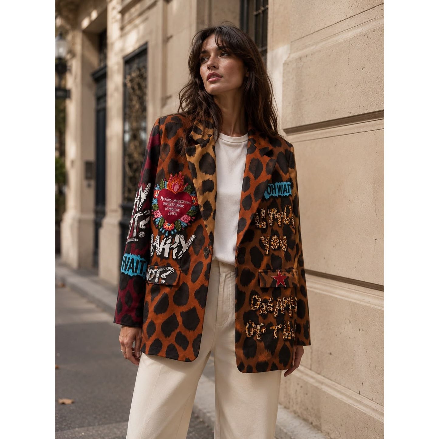 Wild Heart statement blazer with leopard print, graffiti artwork and colourful heart design on the back