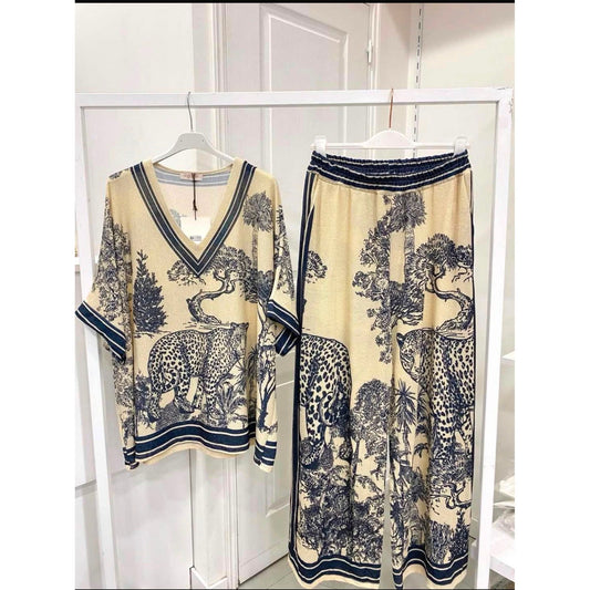 Shimmer Leopard Print Two-Piece Trouser Set