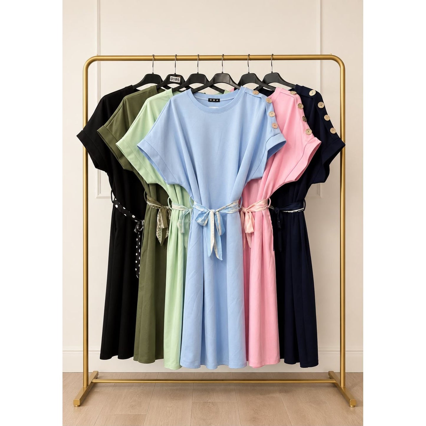 Button Shoulder Belted T-Shirt Dress