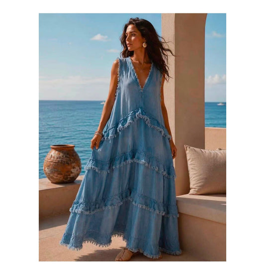 Denim Look Tiered Maxi Dress