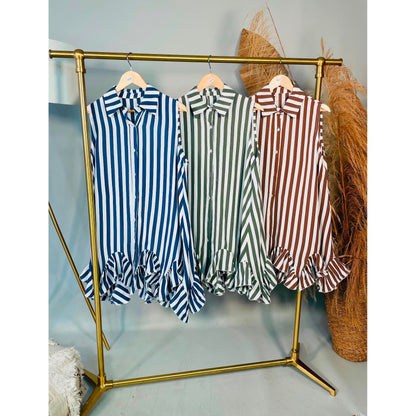 Blue striped sleeveless shirt dress with frill hem, one size summer dress from Miss Foxy Boutique.
