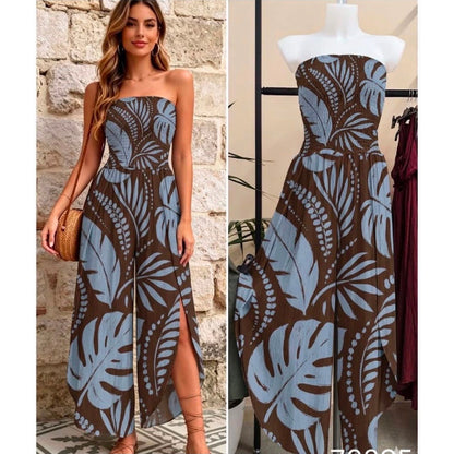 Palm print bandeau jumpsuit with wide-leg trousers and side split detail available in Chocolate Brown, Pink and Blue from Miss Foxy Boutique.