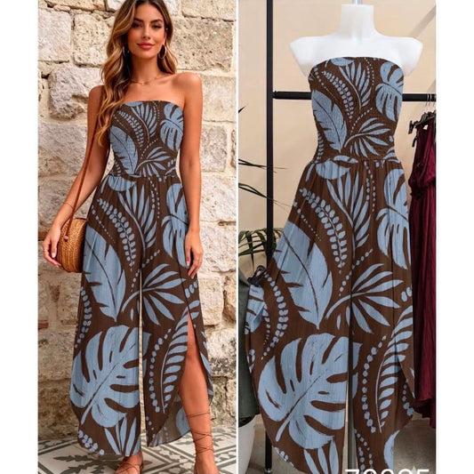 Palm print bandeau jumpsuit with wide-leg trousers and side split detail available in Chocolate Brown, Pink and Blue from Miss Foxy Boutique.