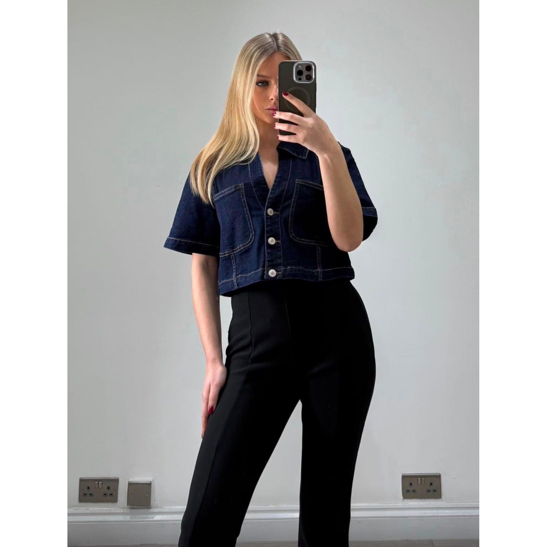 Women’s stretch cropped denim jacket with short sleeves, front patch pockets and button fastening, available in light denim and dark denim. Only £20