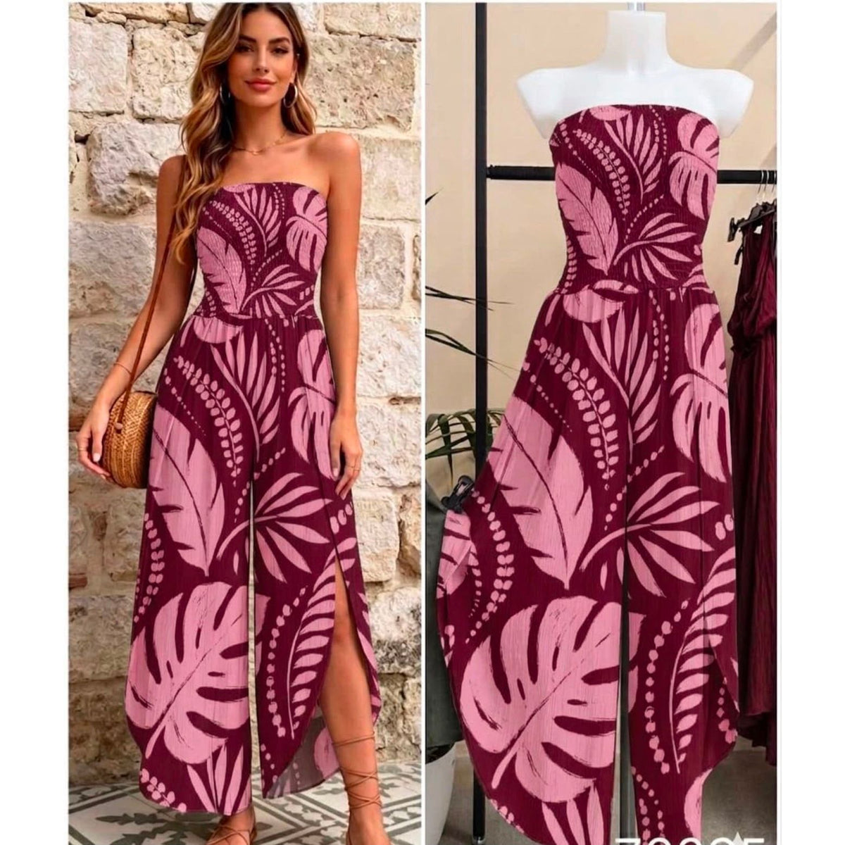 Palm print bandeau jumpsuit with wide-leg trousers and side split detail available in Chocolate Brown, Pink and Blue from Miss Foxy Boutique.
