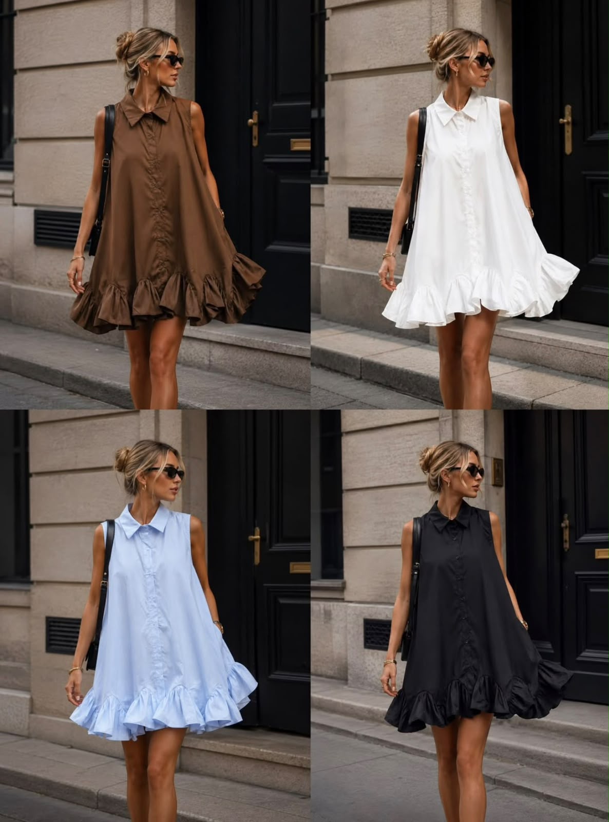 Plain sleeveless frill hem shirt dress available in Baby Blue, White, Chocolate Brown and Black from Miss Foxy Boutique.