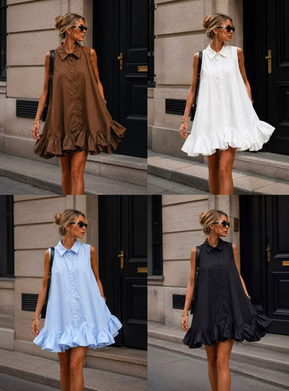 Plain sleeveless frill hem shirt dress available in Baby Blue, White, Chocolate Brown and Black from Miss Foxy Boutique.