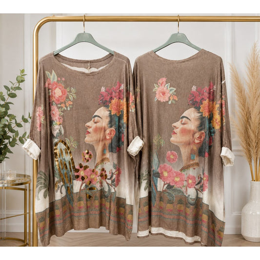 Frida-Inspired Lightweight Knit Oversized Jumper – Taupe | One Size (Fits UK 22–24)