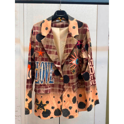 Designer-inspired checked statement blazer with polka dots, celestial evil eye artwork and LOVE slogan detailing.