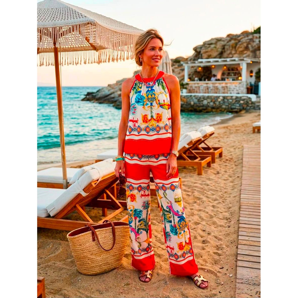 Tropical Escape Slinky Co-Ord Set – Red Print – £30