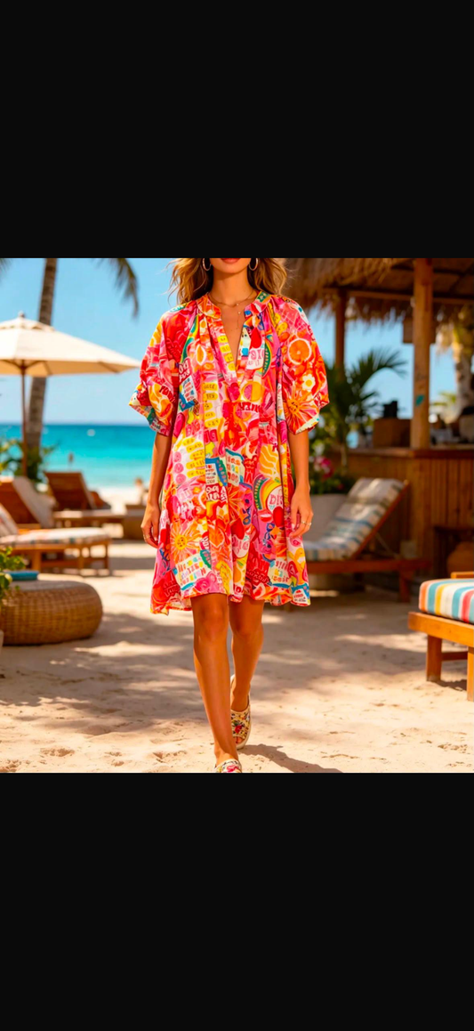 Tropical Cocktail Print Smock Dress – One Size 18-20
