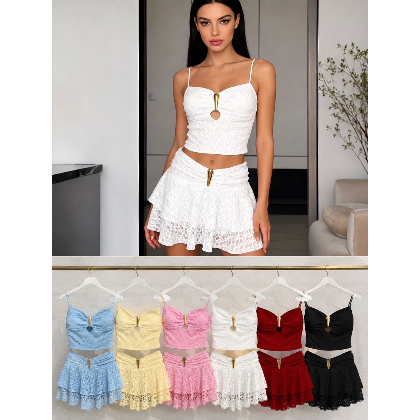 Lace Two Piece Skirt Set with Gold Detail