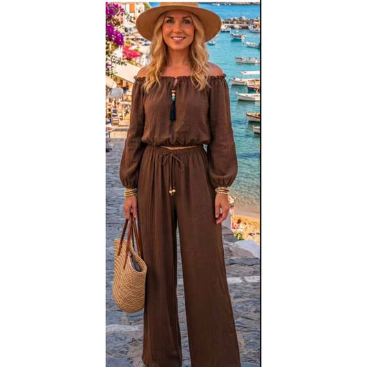 Shimmer two-piece trouser set with an off-the-shoulder top and wide-leg trousers, available in Khaki, Burgundy, Black, Chocolate Brown, Grey and Rust from Miss Foxy Boutique.