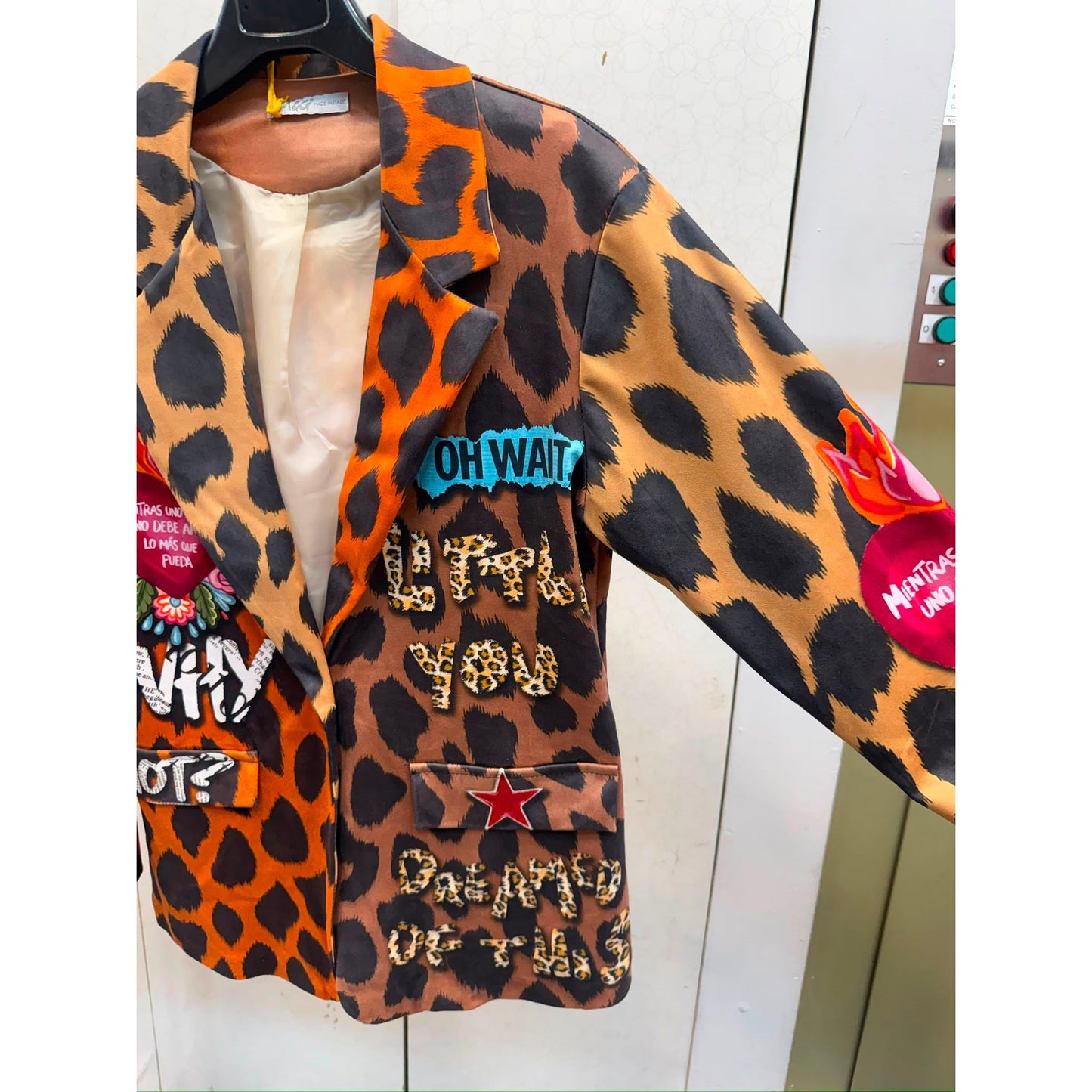 Wild Heart statement blazer with leopard print, graffiti artwork and colourful heart design on the back