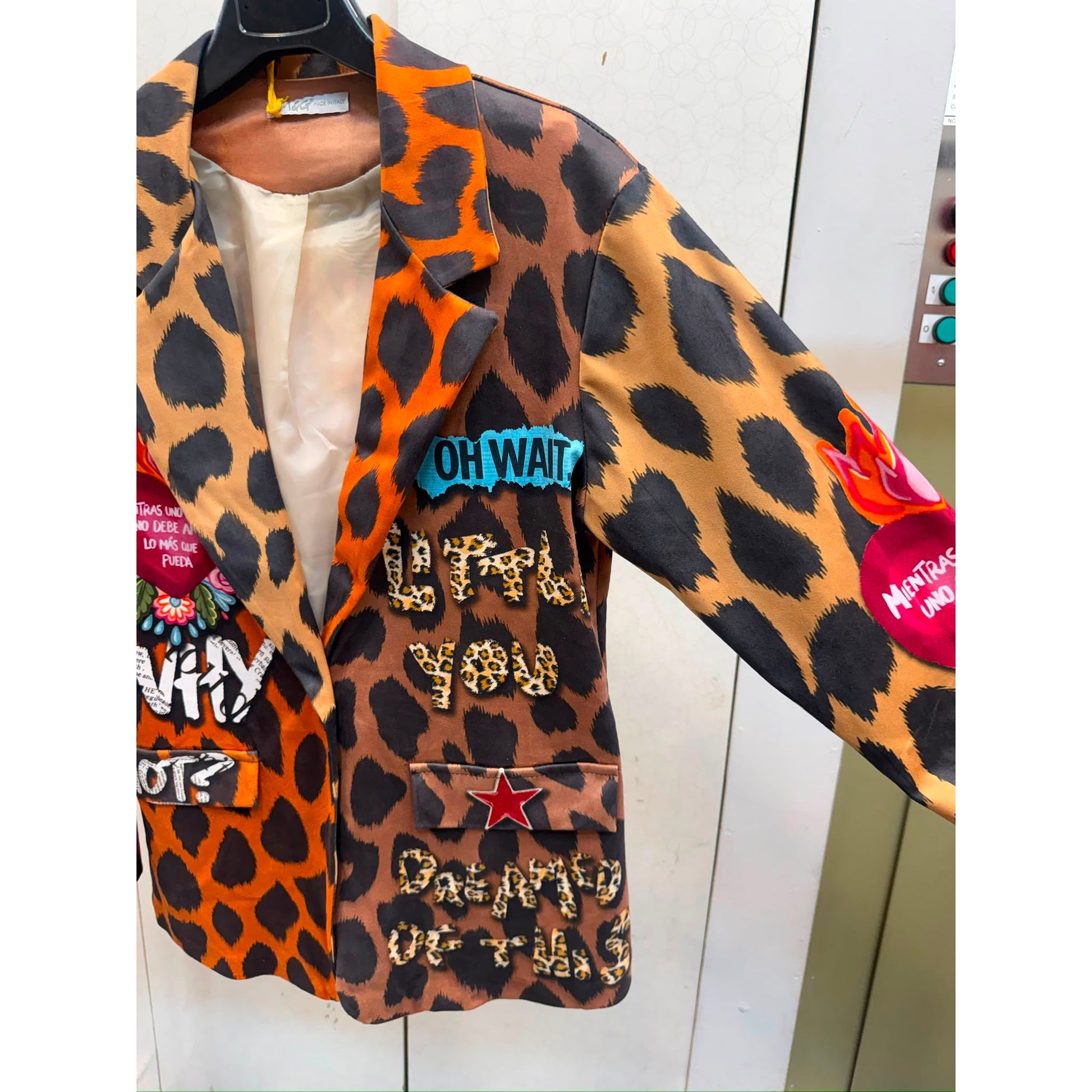Wild Heart statement blazer with leopard print, graffiti artwork and colourful heart design on the back