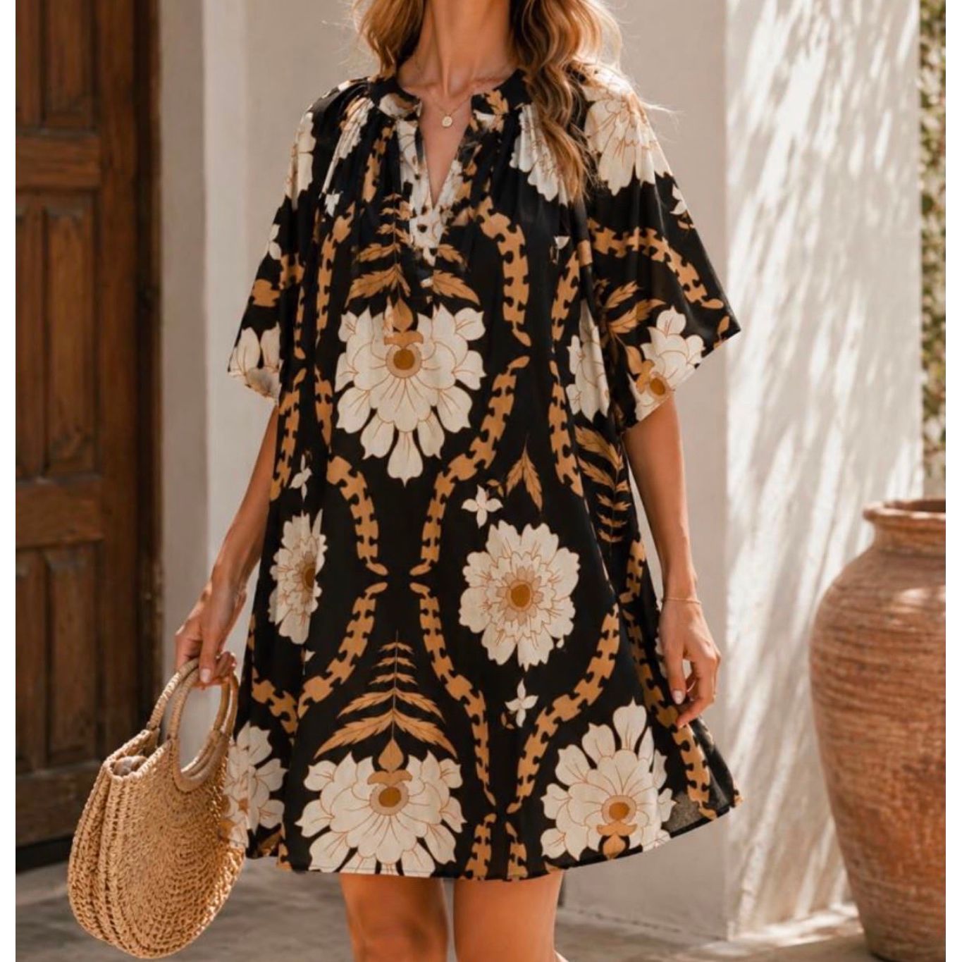 Floral Puff Arm Smock Dress