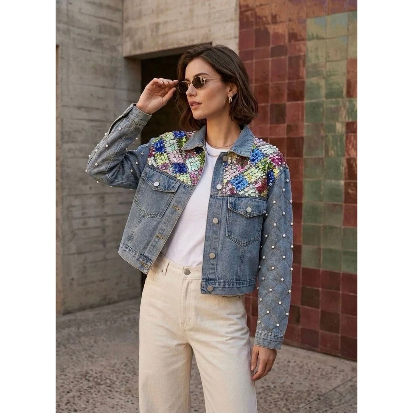 Denim Pearl & Sequin Detail Jacket ✨