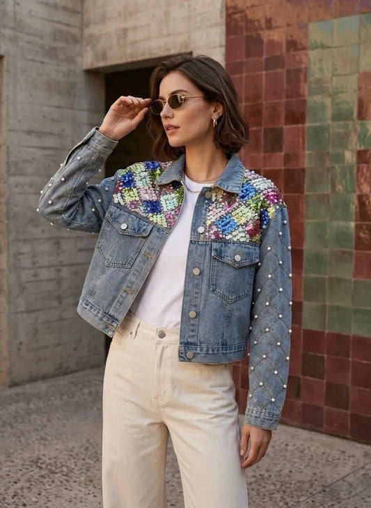 Denim Pearl & Sequin Detail Jacket ✨