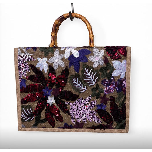 Sequin Floral Straw Tote Bag