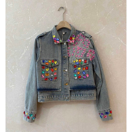Rainbow Gem Butterfly Denim Jacket