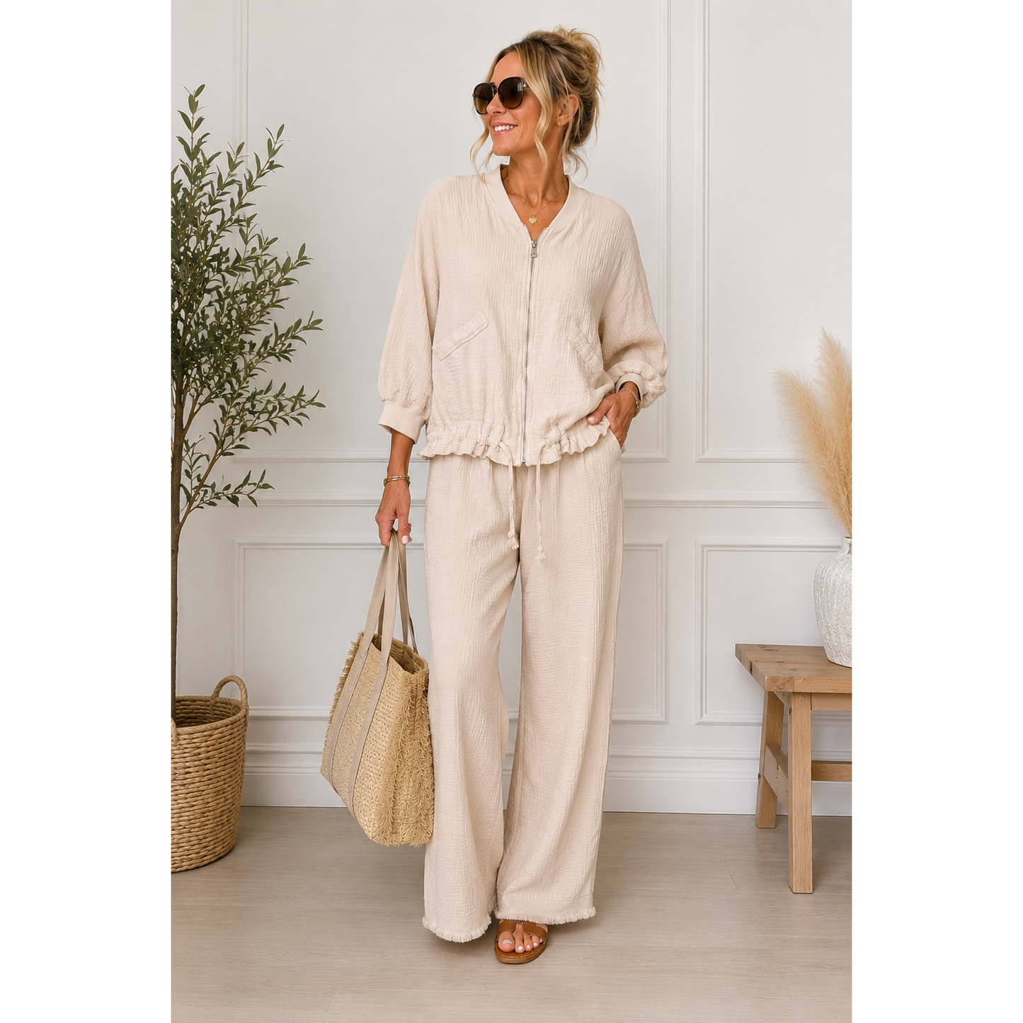 Cheesecloth Zip Jacket & Wide Leg Trouser Co-Ord