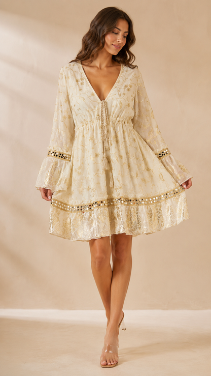 Gold Embroidered Mirror Detail Dress