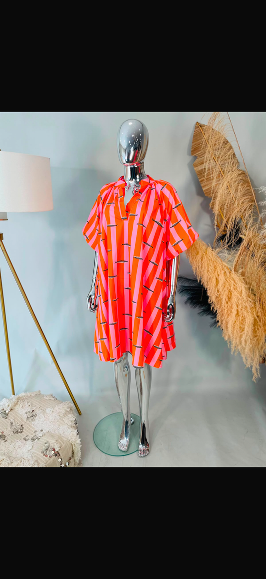 Stripe Sardine Print Smock Dress – One Size 18-20