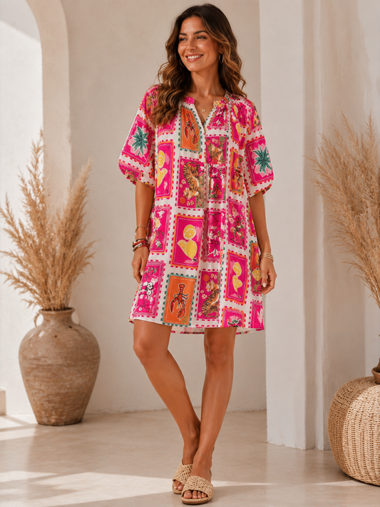 Pink Mediterranean Patchwork Smock Dress – One Size 18-20