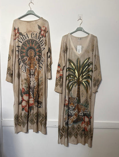 Palm Tree & Leopard Shimmer Maxi Dress