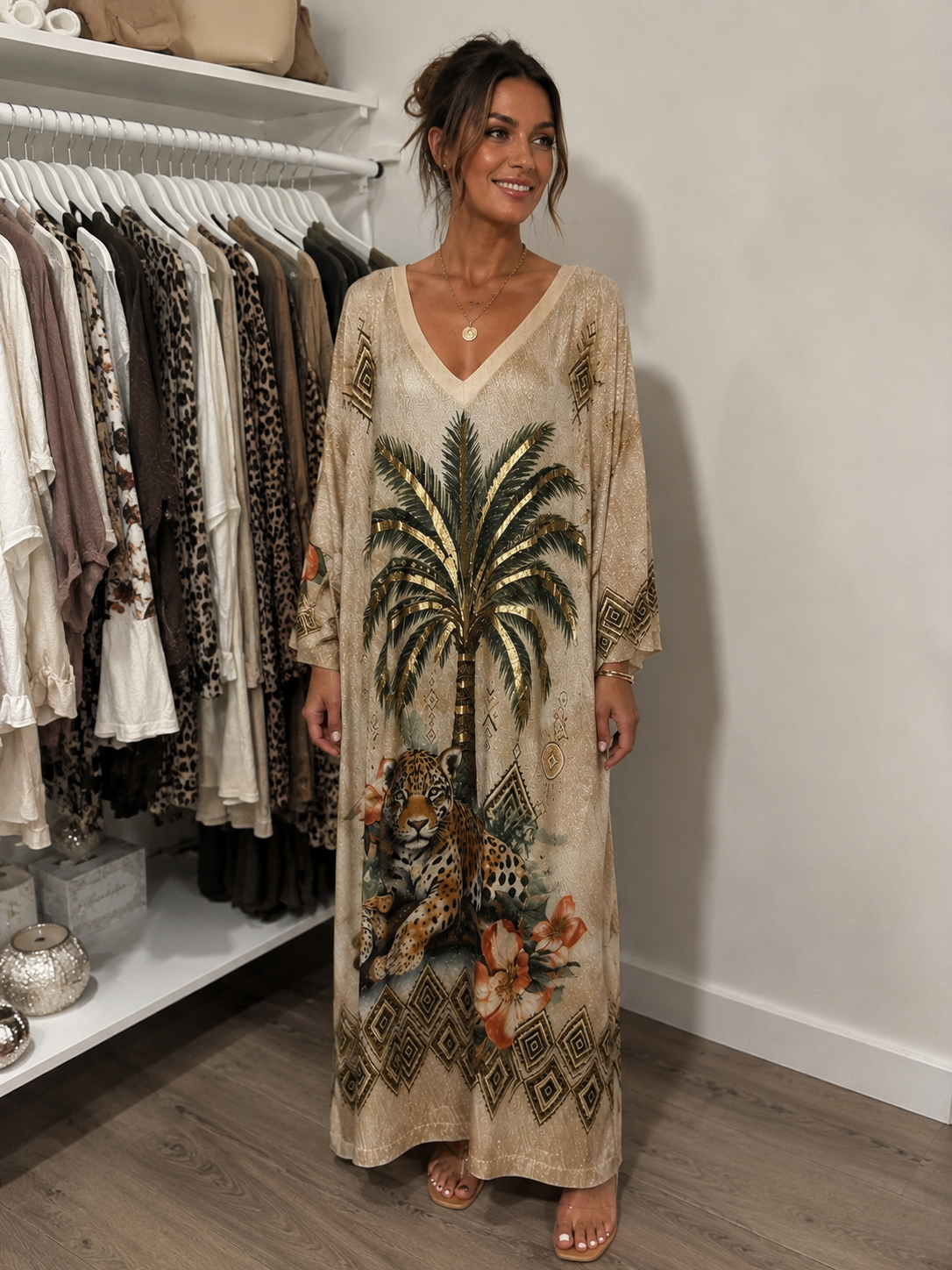Palm Tree & Leopard Shimmer Maxi Dress