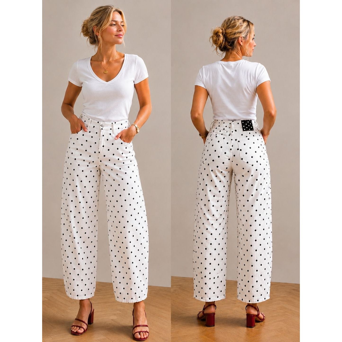 Polka Dot Stretch Barrel Jeans