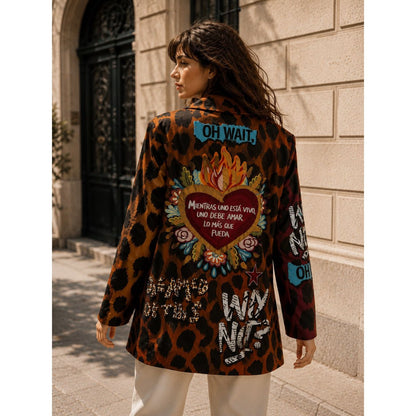 Wild Heart statement blazer with leopard print, graffiti artwork and colourful heart design on the back