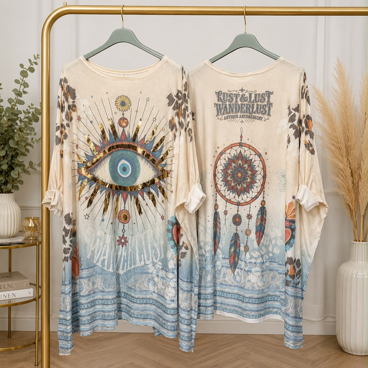 Boho Evil Eye Lightweight Knit Oversized Jumper – Cream | One Size (Fits UK 22–24)