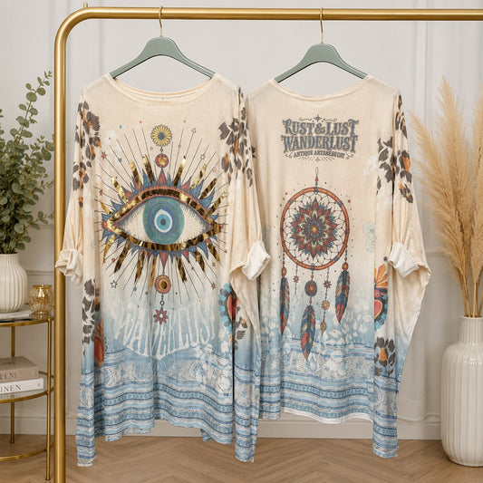 Boho Evil Eye Lightweight Knit Oversized Jumper – Cream | One Size (Fits UK 22–24)
