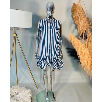 Blue striped sleeveless shirt dress with frill hem, one size summer dress from Miss Foxy Boutique.