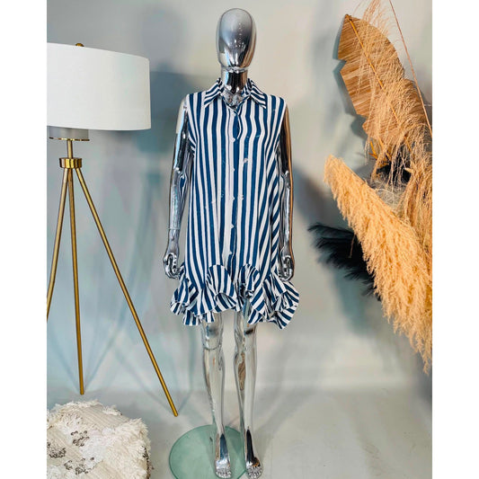 Blue striped sleeveless shirt dress with frill hem, one size summer dress from Miss Foxy Boutique.