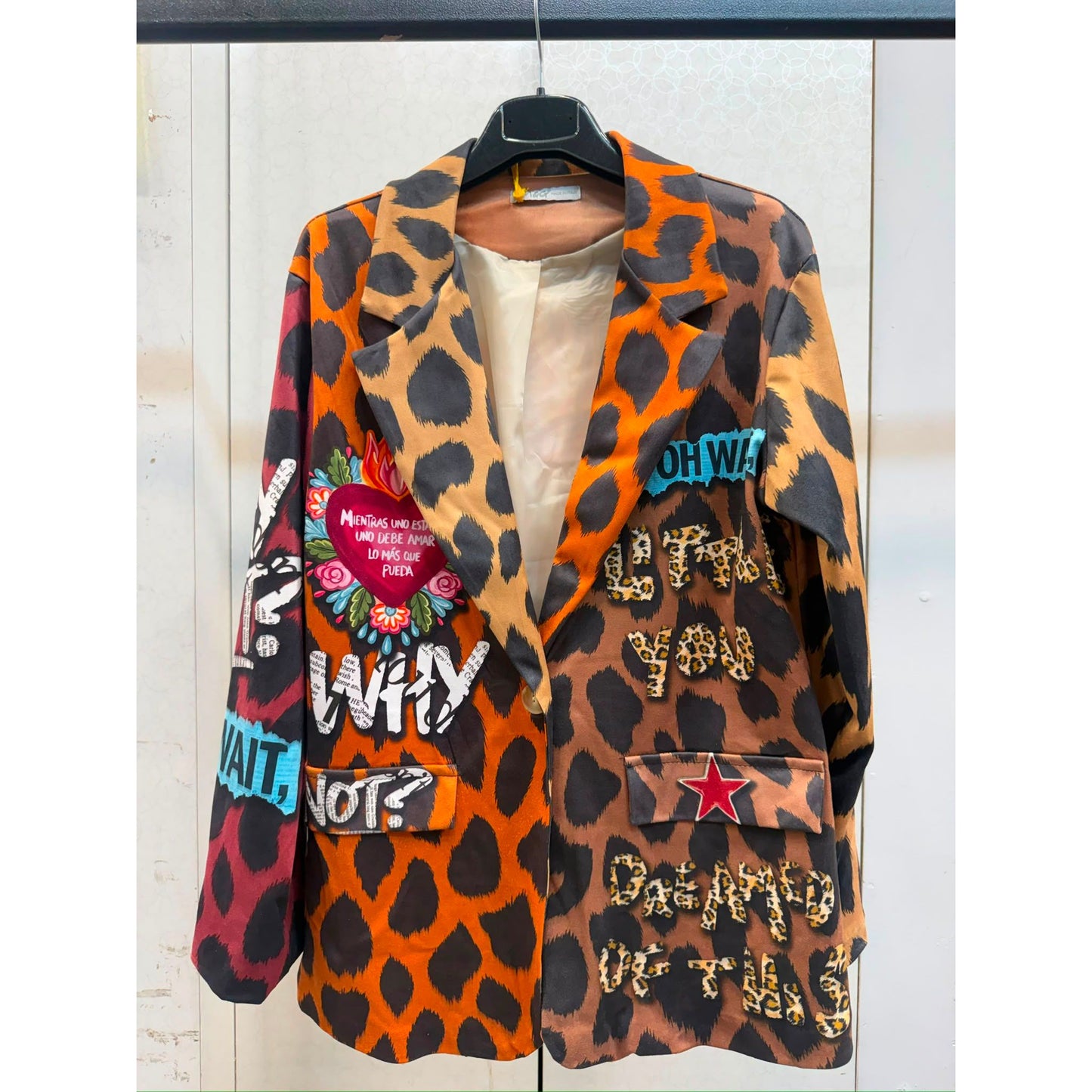 Wild Heart statement blazer with leopard print, graffiti artwork and colourful heart design on the back