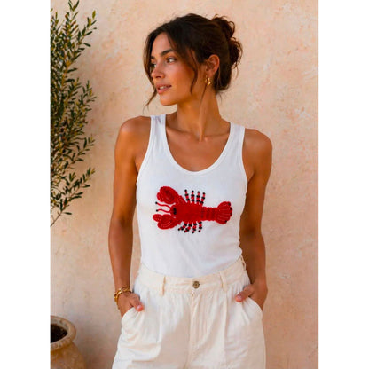 Beaded Lobster Ribbed Vest Top – White