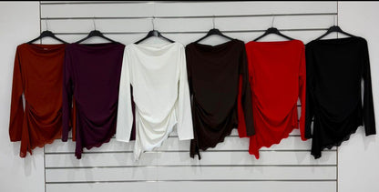 Slinky Ruched Asymmetric Lace-Trim Top